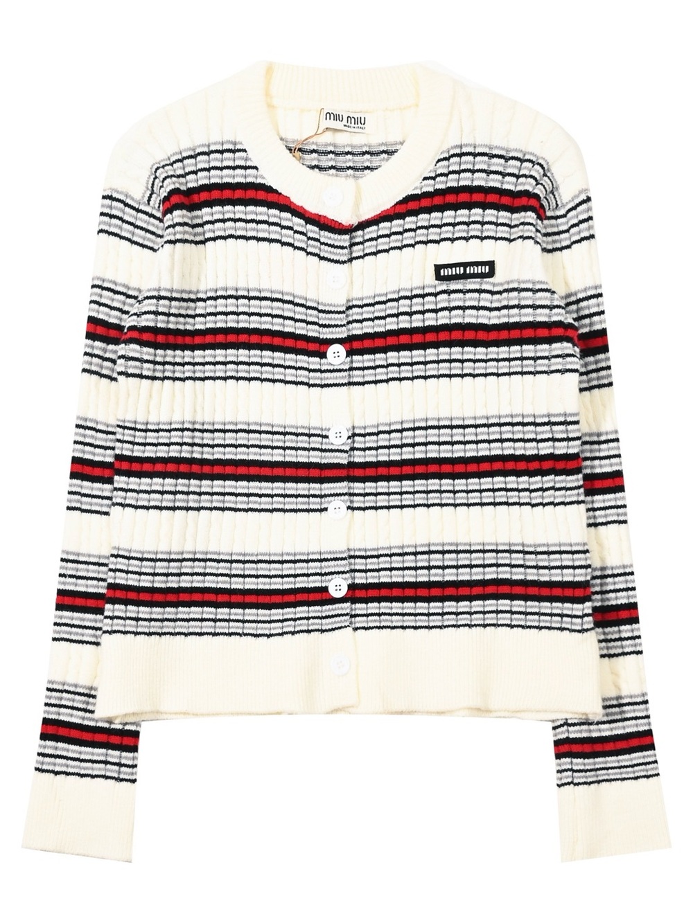 Miu Miu Cream Ribbed Cardigan with Black and Red Stripes
